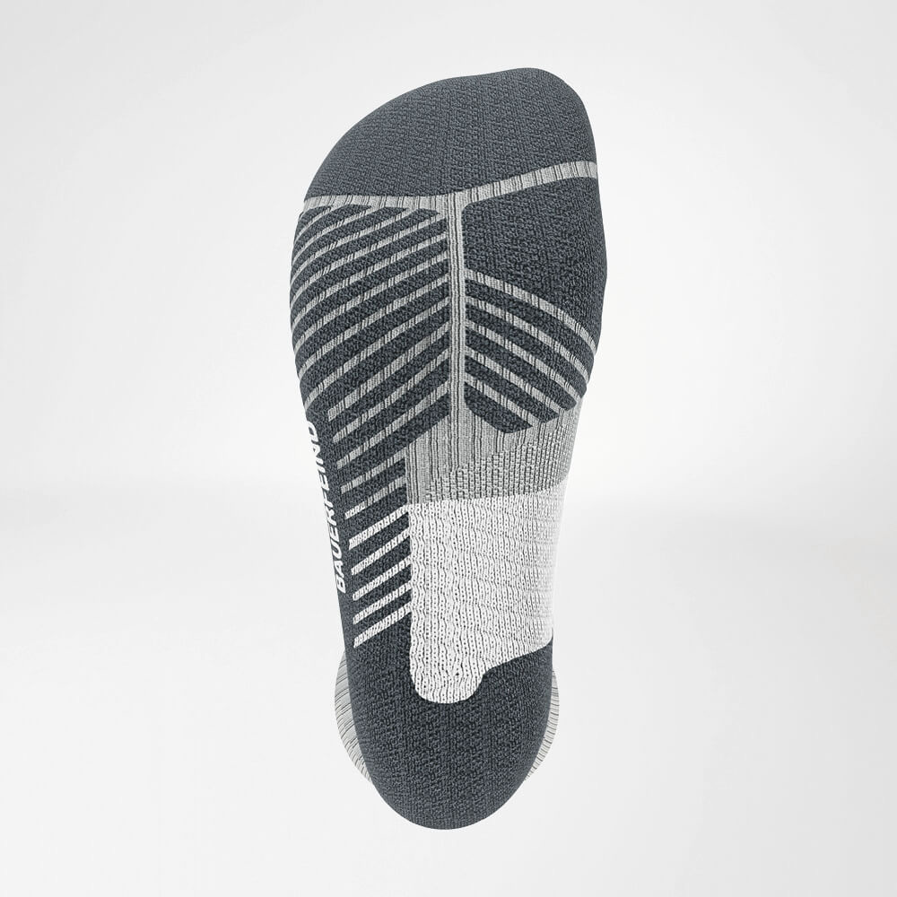 Ansicht von unten - Detailansicht der Relief Sole der Trailrun - Laufsocken in grau-weiss