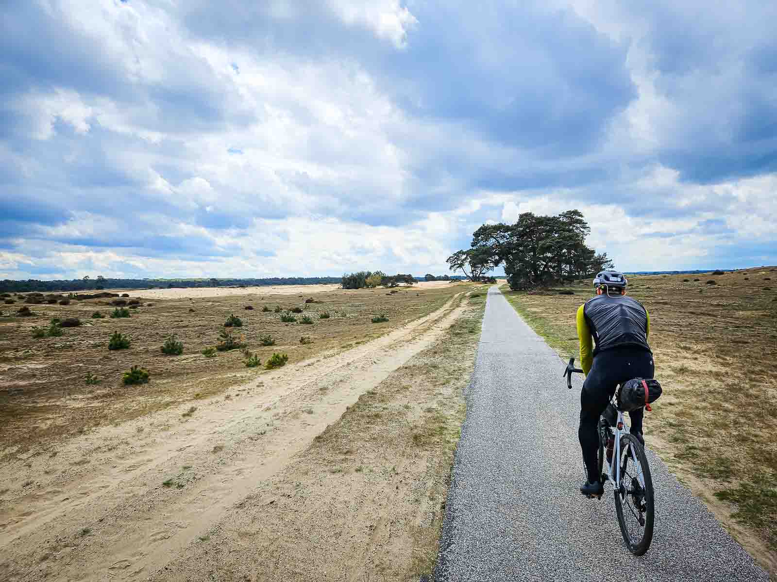 Ein Radfahrer fährt auf einer langen geraden Straße durch eine schöne Heidelandschaft.